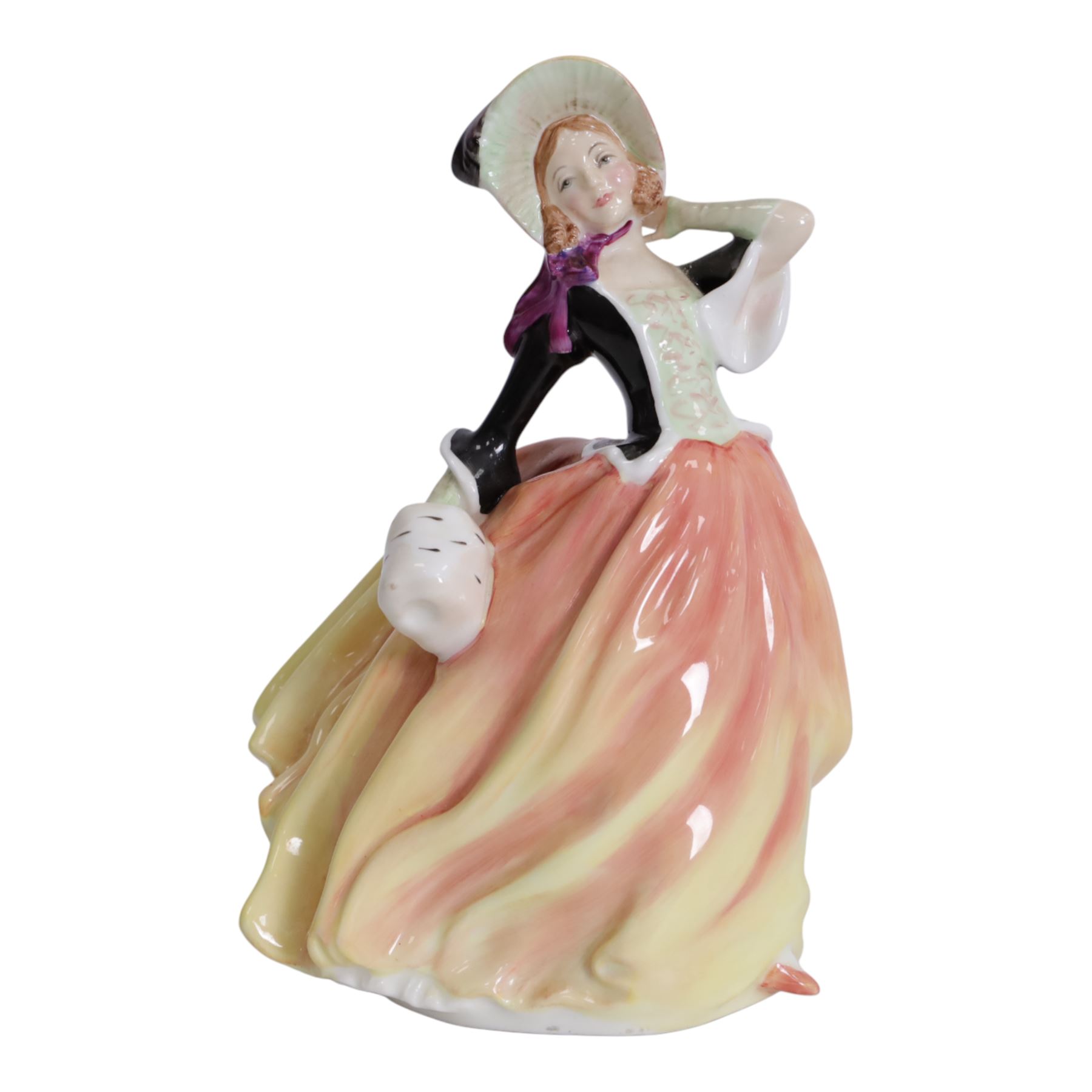 Six Royal Doulton figures, comprising Victorian Lady HN728, Top of the Hill in two colourways, HN1833 HN1849 and Autumn Breeze in three colourways HN1913, HN2131 and HN3736