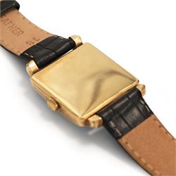 Rotary gentleman's 9ct gold manual wind wristwatch, square silvered dial with Arabic and dagger hour markers, London 1951, on black leather strap