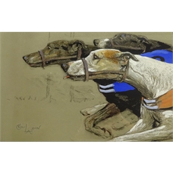  Cecil Charles Windsor Aldin (British 1870-1935): 'Greyhound Racing', pencil pastel and gouache signed, ivorine title label from original frame 32cm x 51cm  