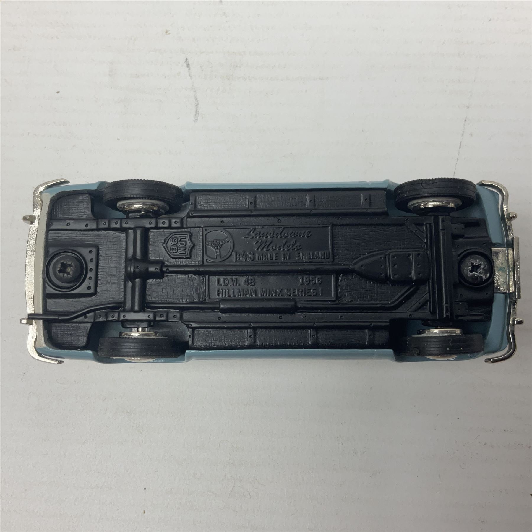 Four Lansdowne Models 1:43 scale models - 1956 Hillman minx Series 1 (Pearl grey over Fiesta blue); 1957 Hillman Husky Series 1 (Seacrest green/foam grey); 1960 Ford Consul MkII (Imperial maroon/smoke grey); and 1972 Vauxhall Ventora 3300 MkII; all boxed (4)