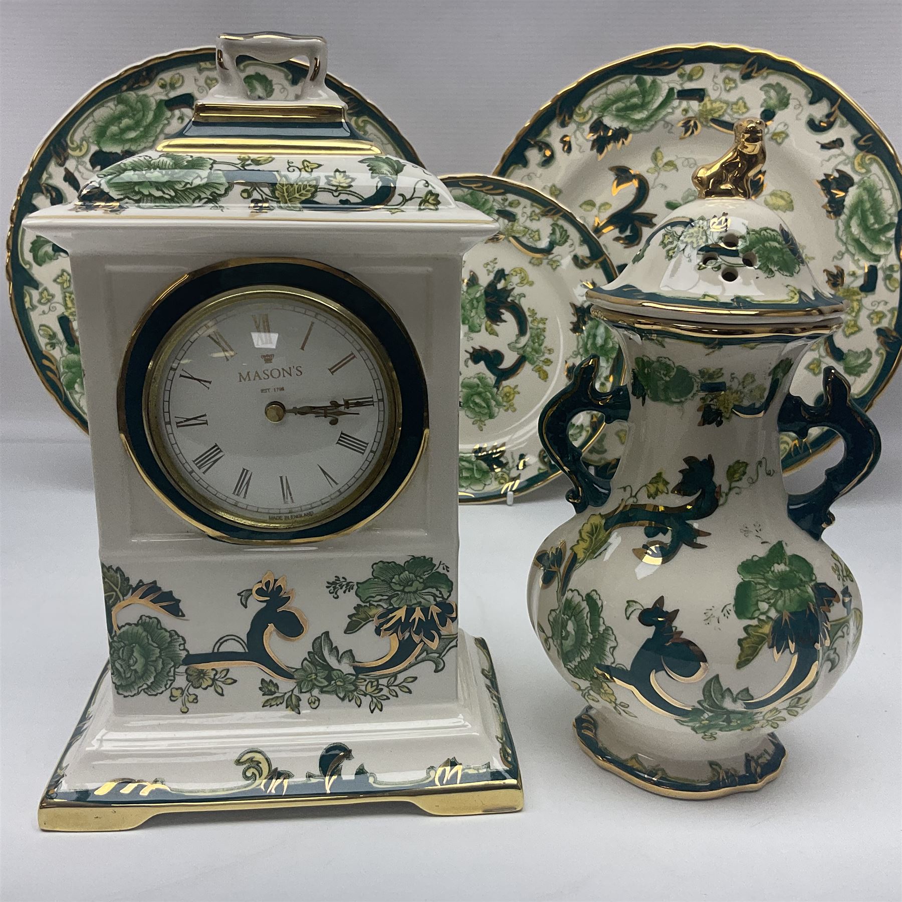 Collection of Masons Ironstone Chartreuse pattern, to include clock, six teacups, twin handled dish, ring dish, plates vases, etc, many with original boxes, clock H24cm 