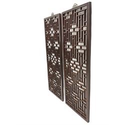 Pair 19th century Chinese lattice wall panels, in moulded frames with metal hangers