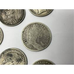 Approximately 150 grams of Great British pre 1920 silver coins, including George II 1758 shilling, George IV 1826 shilling, various Queen Victoria 'Gothic' florins, 1846, 1848, 1878 and other shilling etc