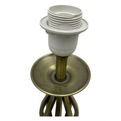 Contemporary brushed metal standard lamp, brass effect with cylindrical stem, on circular base, H131cm; matching table lamp, H35cm (2)