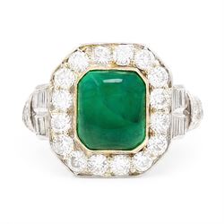 18ct white gold and platinum emerald and diamond cluster ring, single octagonal cabochon c...