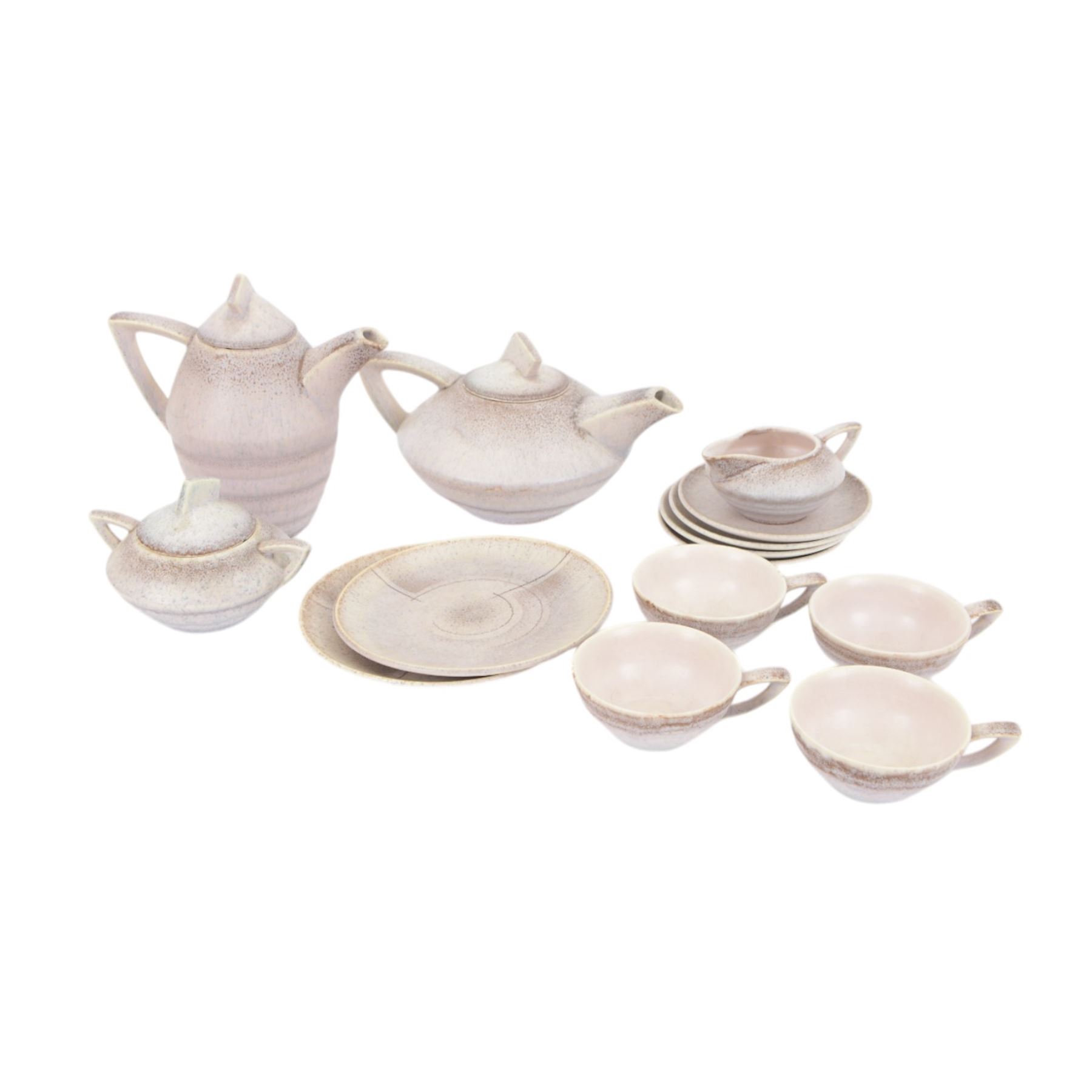 German Art Deco Carstens Uffrecht tea service for four, comprising teapot, coffee pot, milk jug, covered sugar bowl, four teacups and saucers and two small plates, each with pink mottled decoration, two pieces marked to base DEK 256
