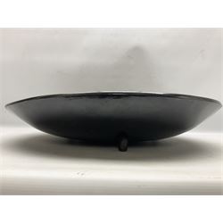 Large studio pottery terracotta bowl with stylised pattern in a tarnished silvered glaze, with an impress S to base, D55.5cm