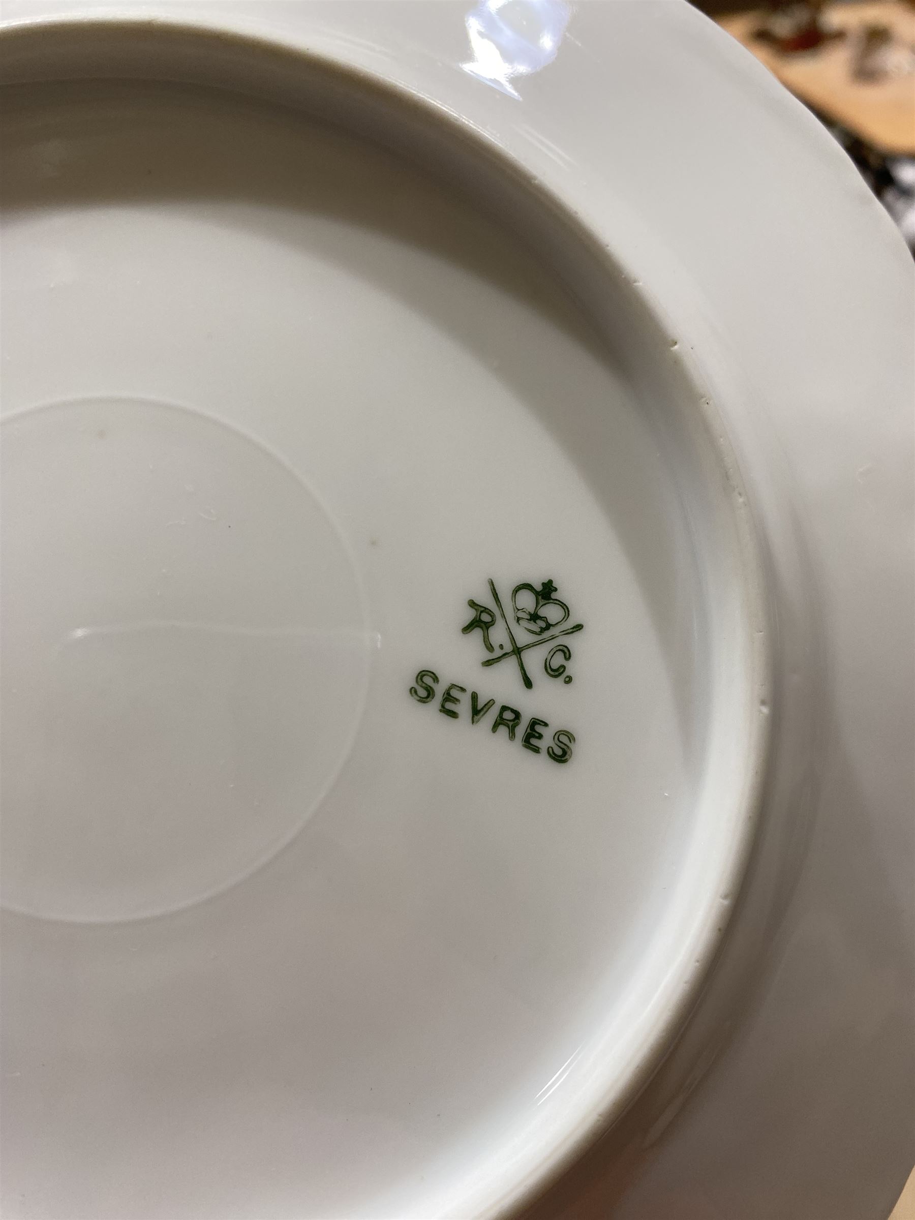 Victorian Rosenthal Tilly dinner wares, including dinner plates, side plates, dessert plates etc, all decorated with printed and painted florals, each with printed RC Sevres mark beneath