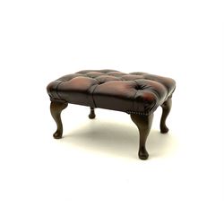 Rectangular studded footstool upholstered in deep buttoned brown leather, cariole supports 