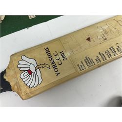 Annotated display board of clay pipes; rootwood walking stick and Yorkshire CCC signed cricket bat 2001