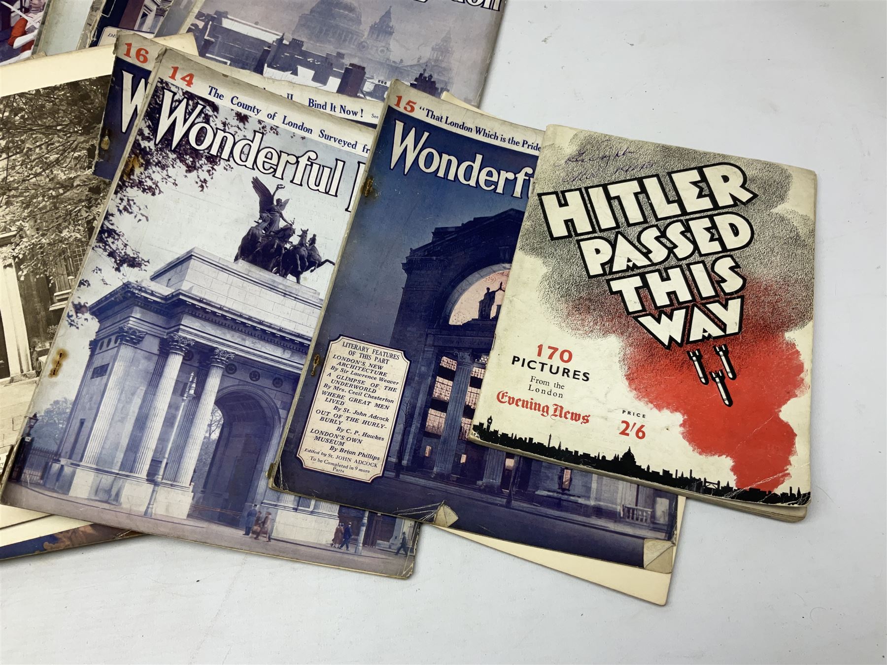 Twenty-three volumes of Wonderful London, early 20th century, edited by St John Adcock, together with WWII Hitler Passed This Way published by the London Evening News, together with Late 19th/early 20th century Amherst Imari style bowl, together with a Bisto blue bowl decorated with blossoming branches, quantity of 19th century and later blue and white ceramics to include twin handled footed dishes etc