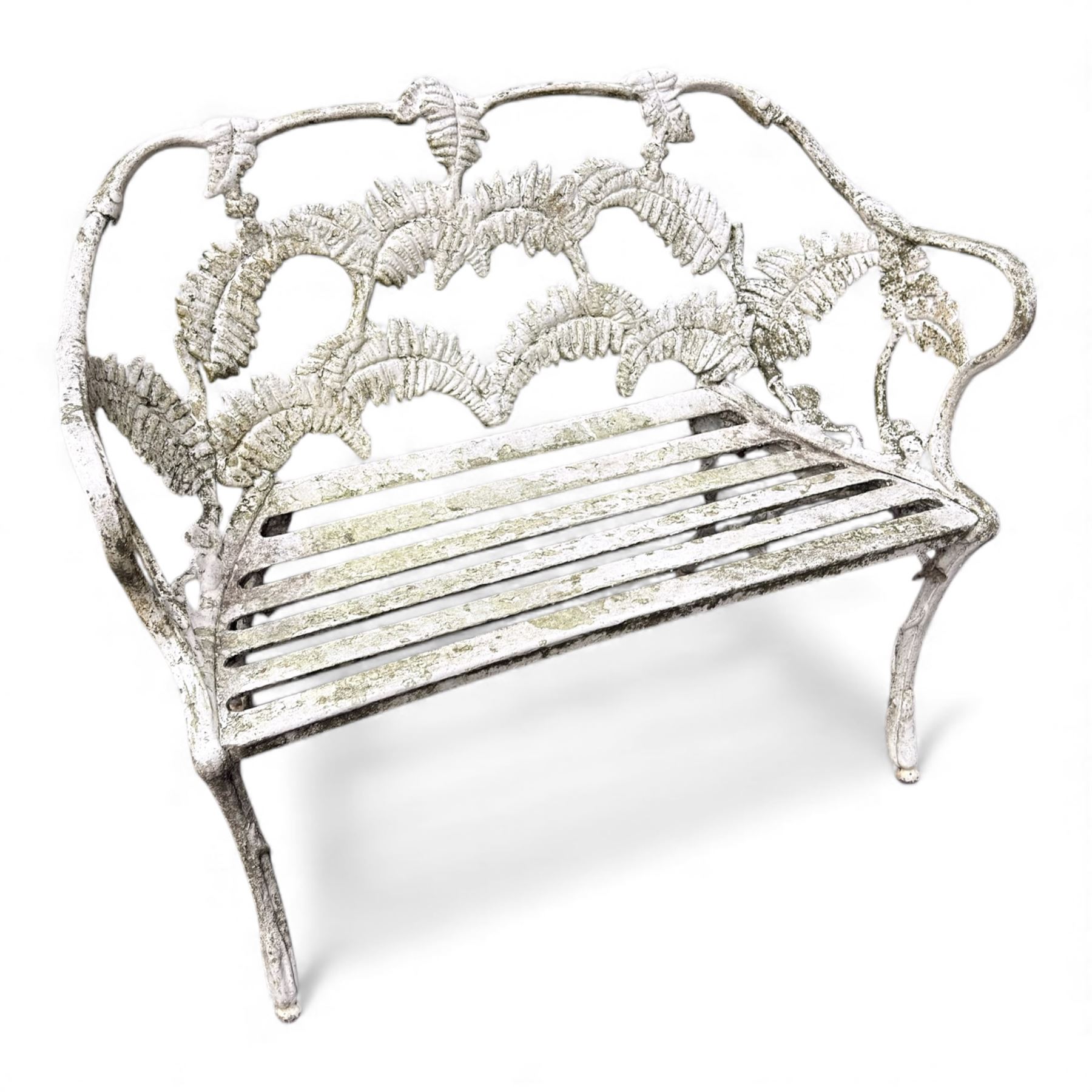 Pair of cast aluminium white painted Coalbrookdale design 'fern and blackberry' garden benches