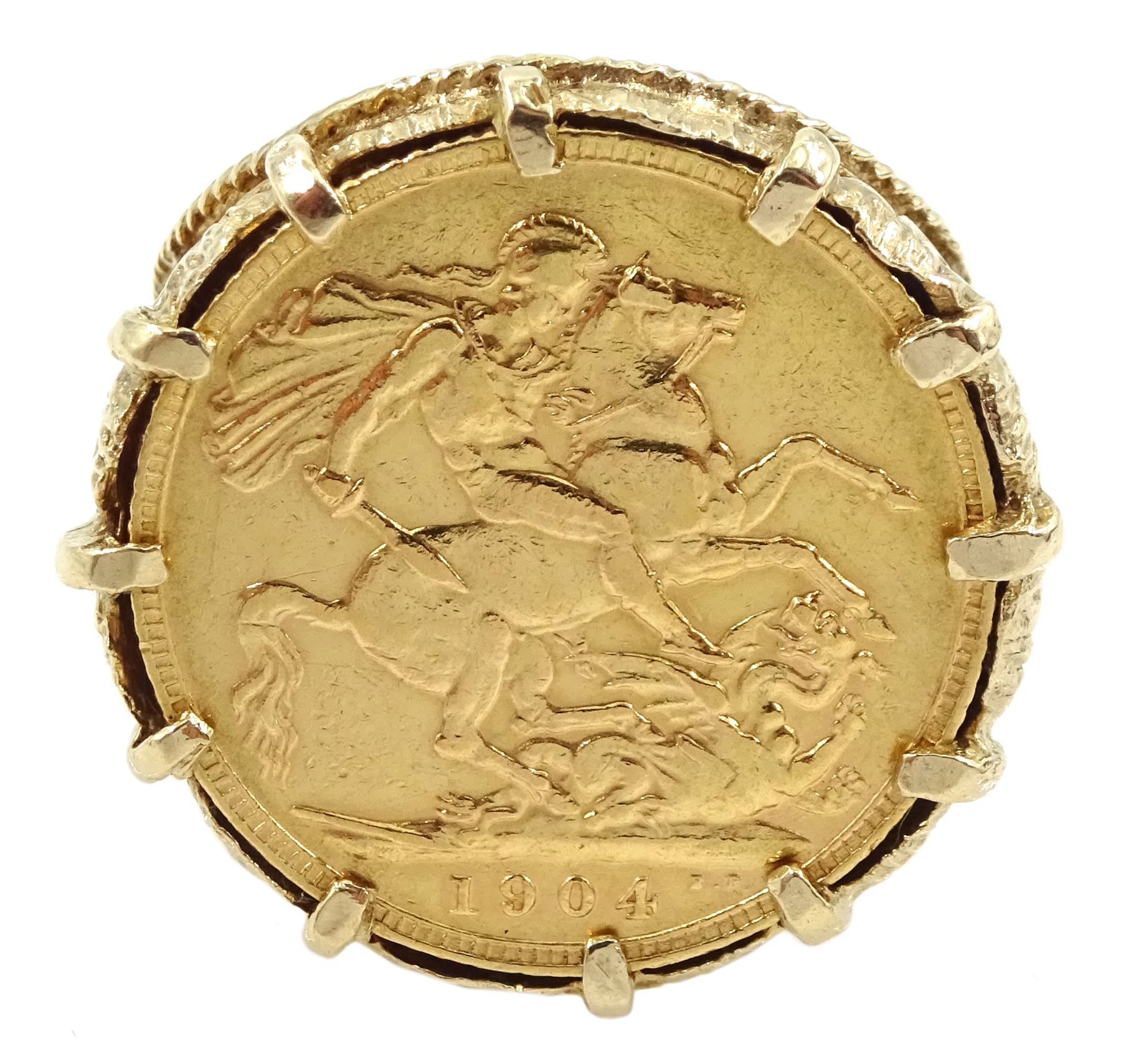 King Edward VII 1904 gold full sovereign coin, loose mounted in gold ring, stamped 9ct