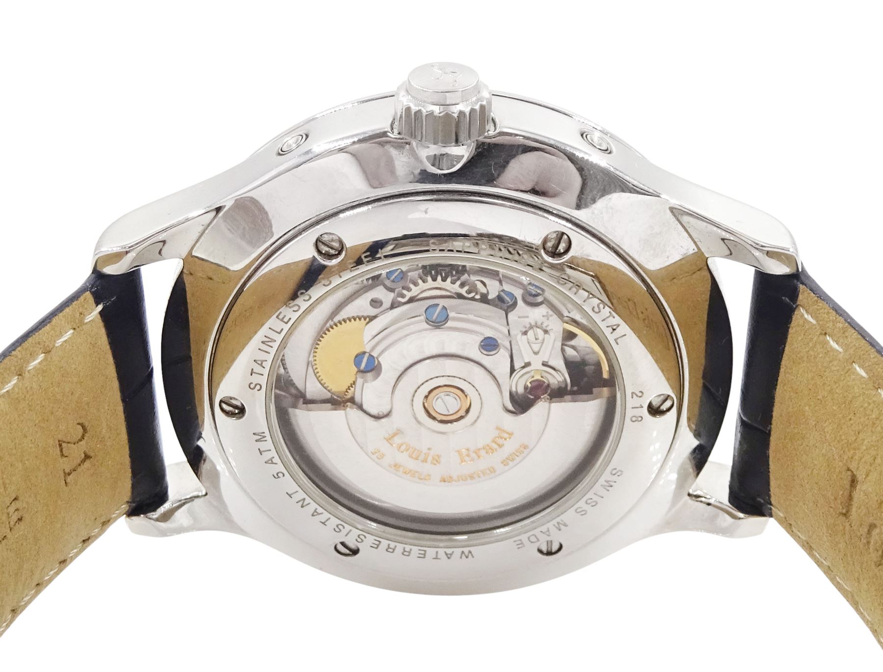 Louis Erard gentleman's stainless steel automatic moonphase wristwatch, blue dial with Arabic and dagger hour markers and day / date aperture, on blue leather strap, with fold-over clasp, boxed