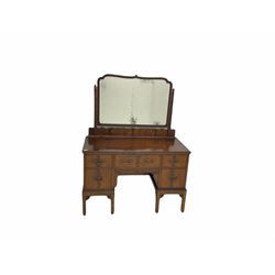 Early 20th century mahogany bedroom suite - dressing table (W122cm, H161cm, D56cm), chest (W107cm, H125cm, D51cm), and bedside cupboard (W44cm, H80cm, D44cm)