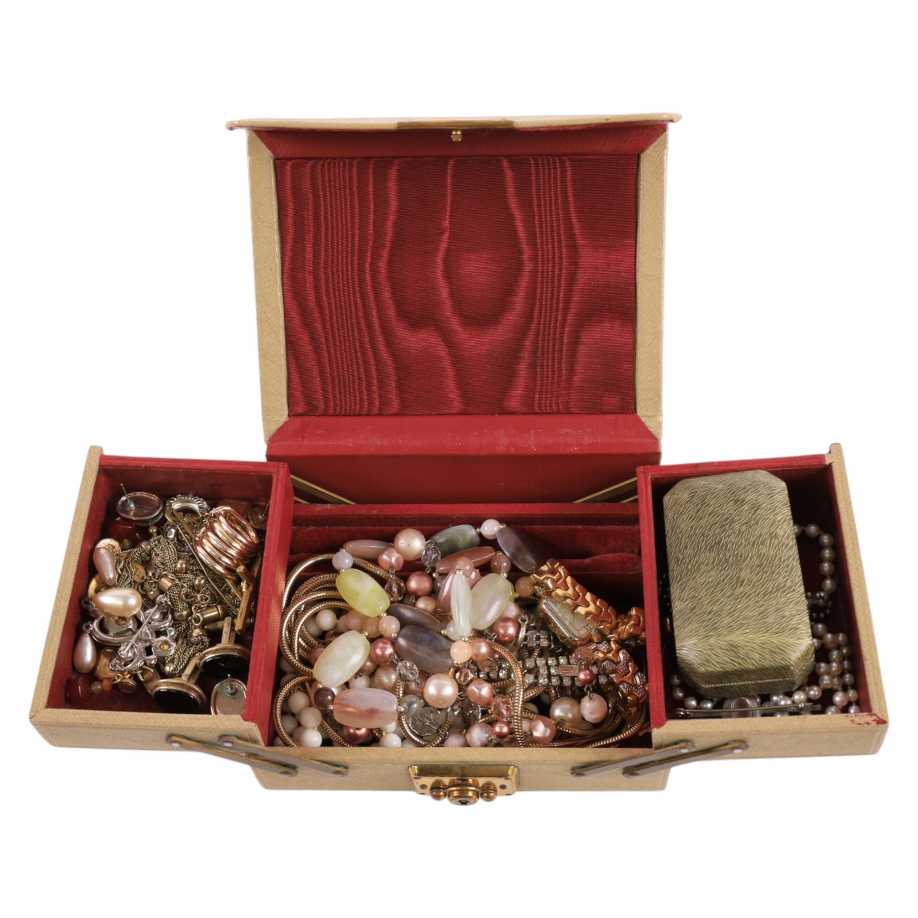 Pair of 9ct gold ball stud earrings, stamped 375, cultured pearl necklace with silver clasp, silver quartz and marcasite brooch and a collection of costume jewellery 