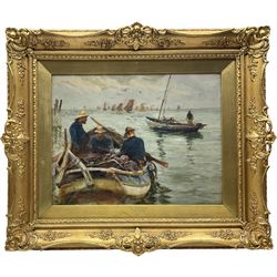 Robert Jobling (Staithes Group 1841-1923): 'The Fishermen', oil on canvas signed, titled on mount 34cm x 44cm