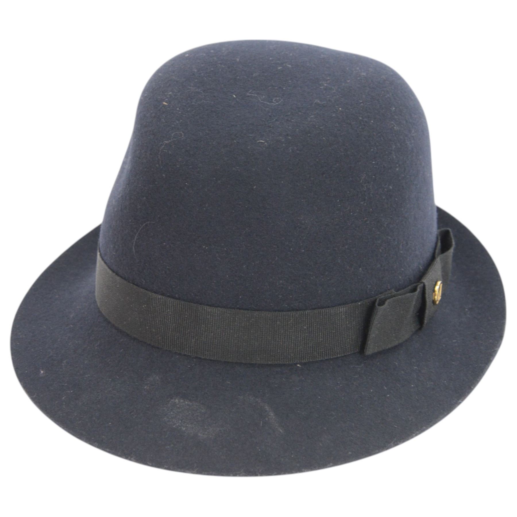 Mulberry felt trilby hat, no. U120, in navy blue with original tags, in red and gold Christy's London for Mulberry hat box