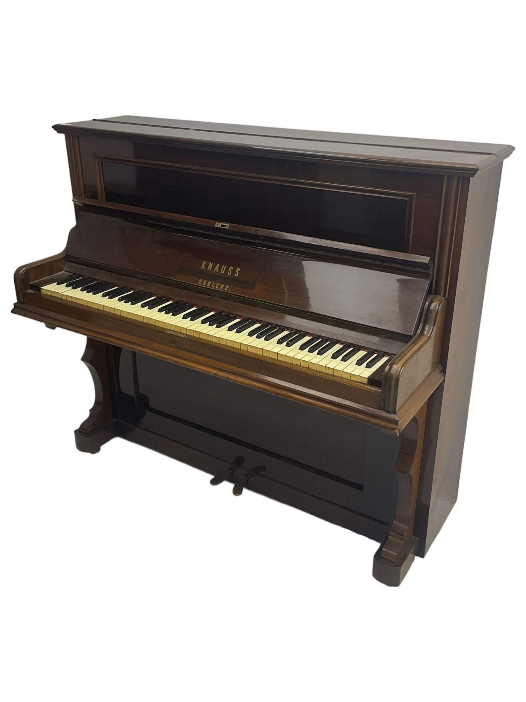 Knauss Coblenz - early 20th century rosewood cased upright piano, straight strung iron movement, simulated ivory keys