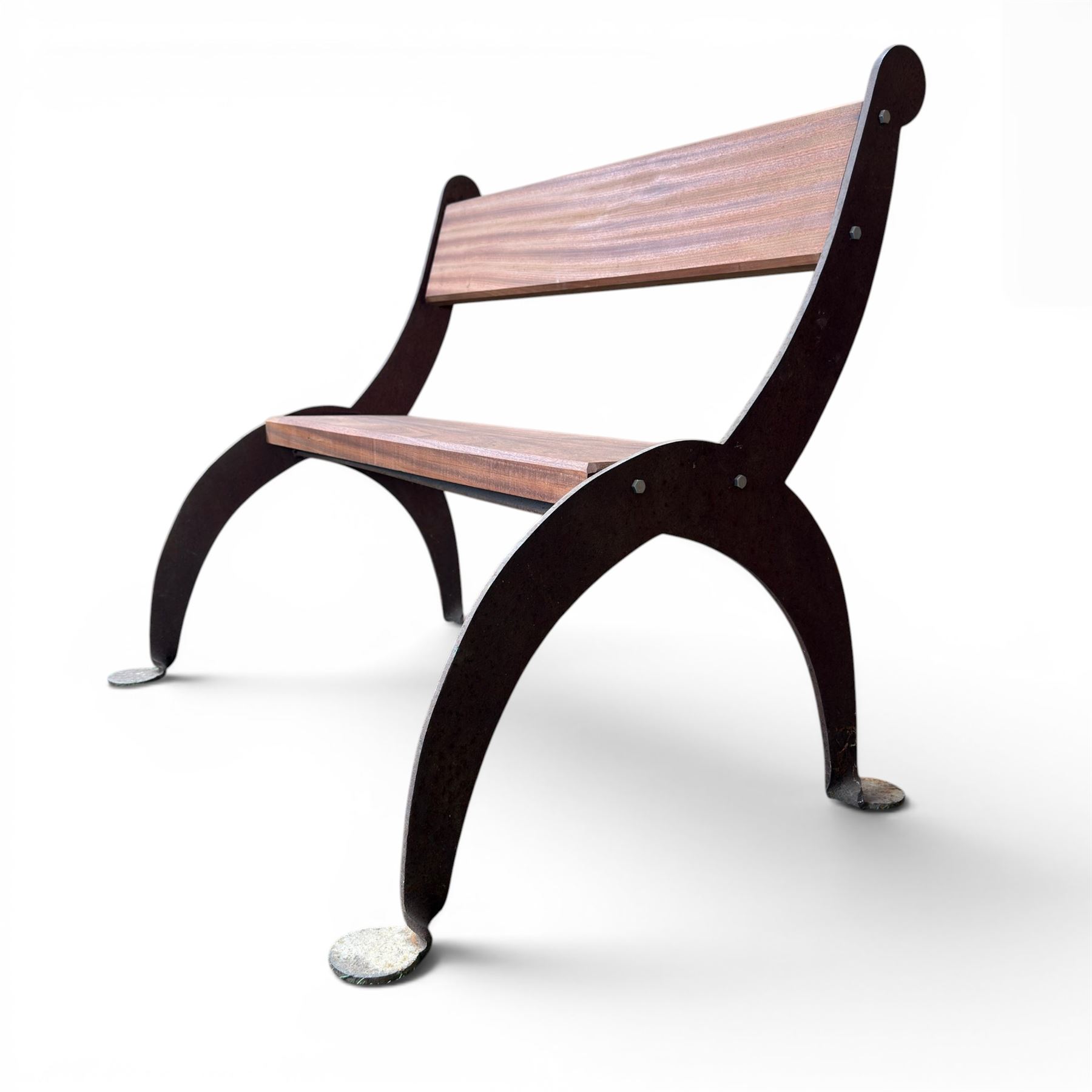 Corten steel industrial minimalism garden
bench, sapele hardwood plank seat and
backrest, unfinished steel with stained
timber