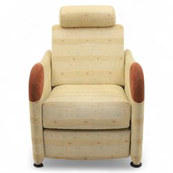 Ligne Roset - modernist French ‘Petite Sieste’ recliner armchair, cream upholstered with shaped back, built-in bolster headrest and curved armrests with contrast suede pads
