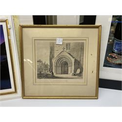 Lee Wilson (British Contemporary): Beach Scene and Crashing waves, two colour photographic prints; large photograph collage of Laurent Perrier Champagne; engraving of Ancient Norman Porch - St Mary's Church York; two signed illustrated poems by Christopher Curtis and two other prints (9)