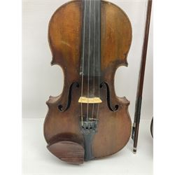 German trade violin in the Steiner style c1900 with 35.5cm two-piece maple back and ribs and spruce top L59cm overall; in fitted carrying case with two bows; and a Saxony violin with 35.5cm one-piece maple back and ribs and spruce top L58.5cm overall (2)