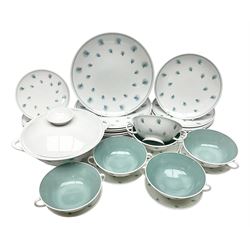 Susie Cooper Whispering Grass pattern dinner wares, to include tureen with cover, six twin handled soup bowls, dinner plates and side plates, etc 