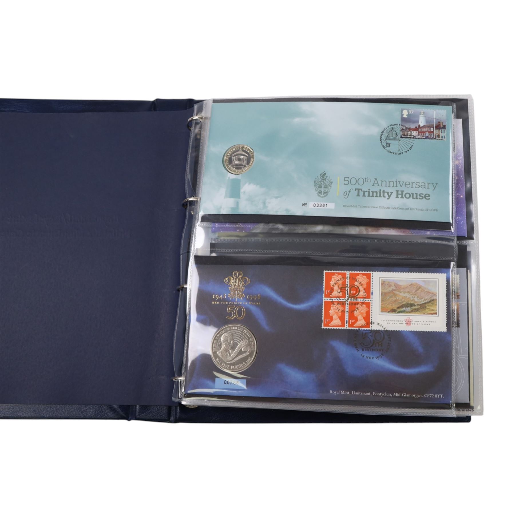 Approximately 104 Royal Mail Royal Mint coin or medallion covers, housed in an official Royal Mail Royal Mint ring binder folder and loose, together with The Queen's Golden Jubilee Coin Cover Collection in two albums, commemorative fifty pences, crowns, etc