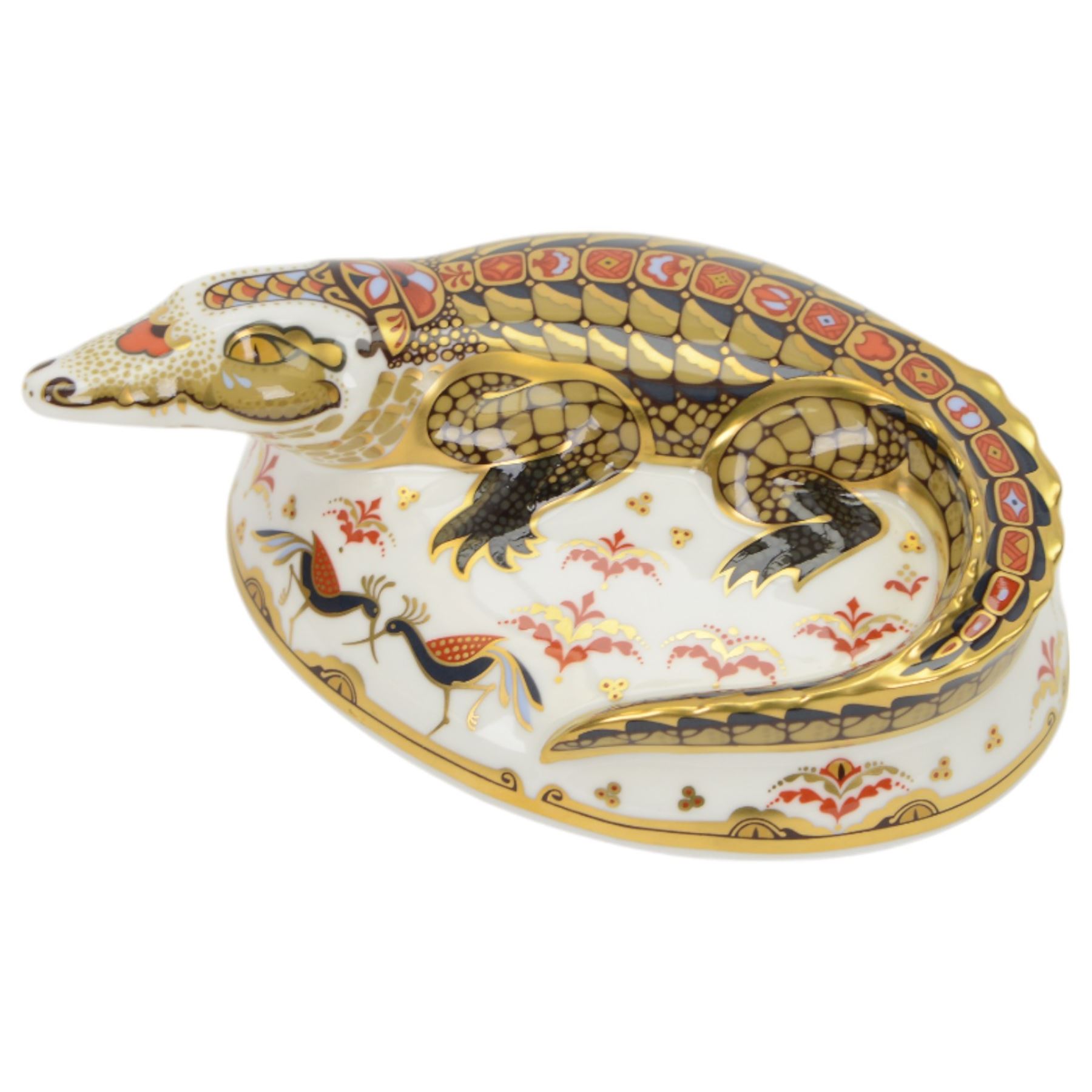 Two Royal Crown Derby paperweights, comprising Crocodile, with gold stopper and original box and Imari Dragon with gold stopper  