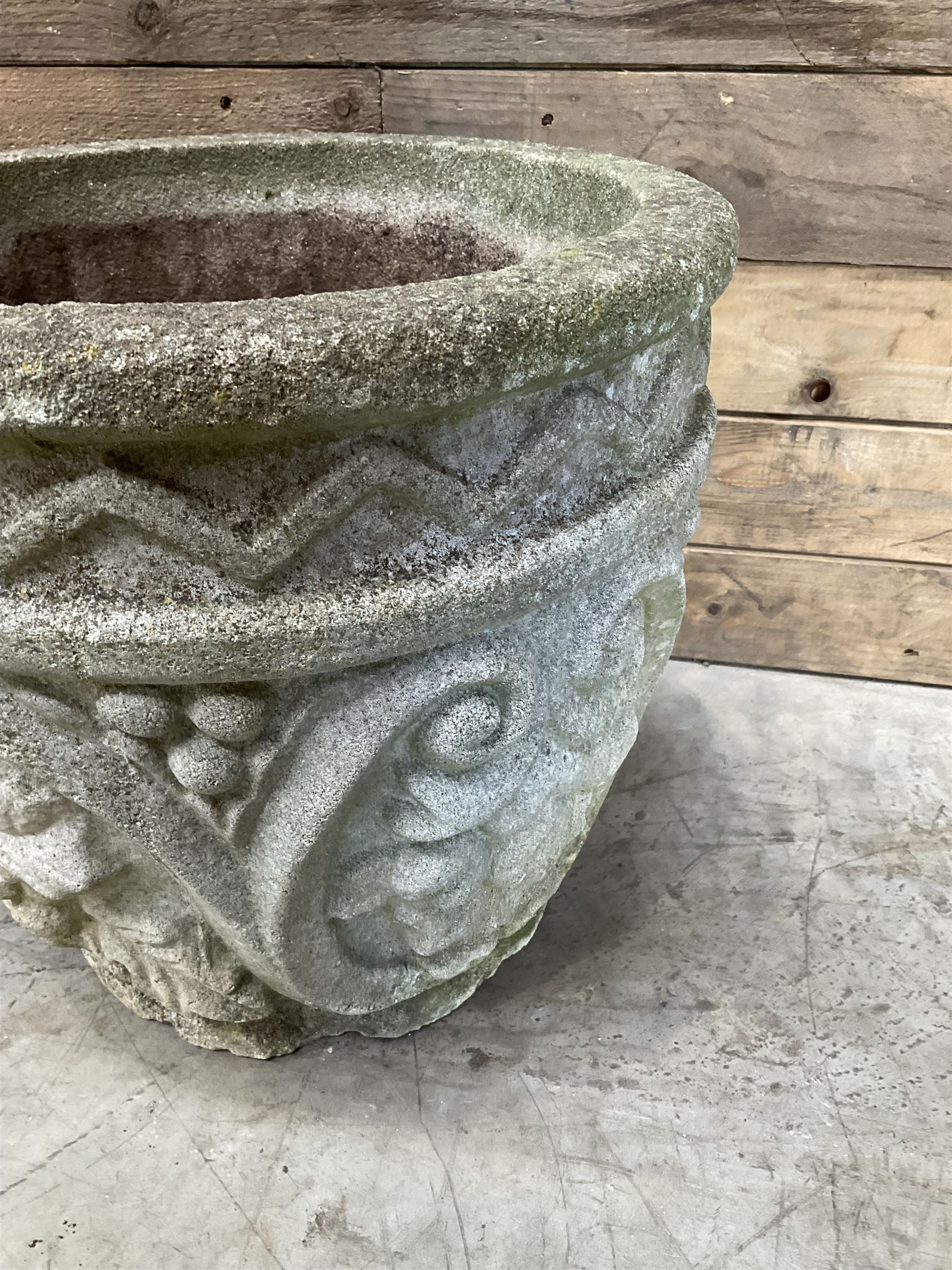 Pair of cast stone ornate circular planters