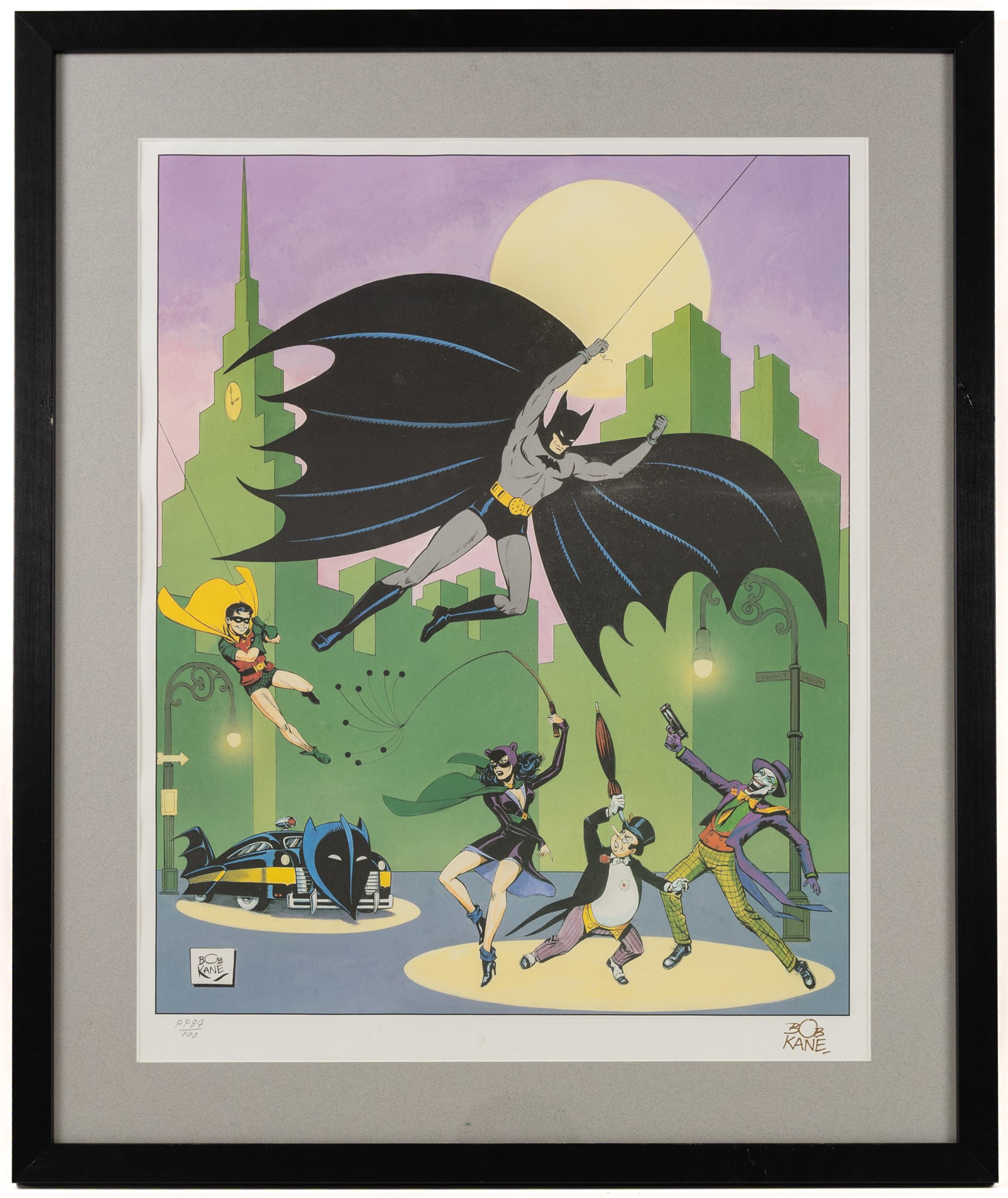 Two limited edition signed prints, comprising 'Batman: The Golden Years', signed to bottom right corner by Batman co-creator Bob Kane, printer's proof no. 87/100, released to commemorate Batman's 50th Anniversary and 'Superman: The Soaring Eagle', signed to bottom left by Jose Luis Garcia-Lopez, released to commemorate Superman's 50th Anniversary, artwork largest H50cm, W40cm, framed