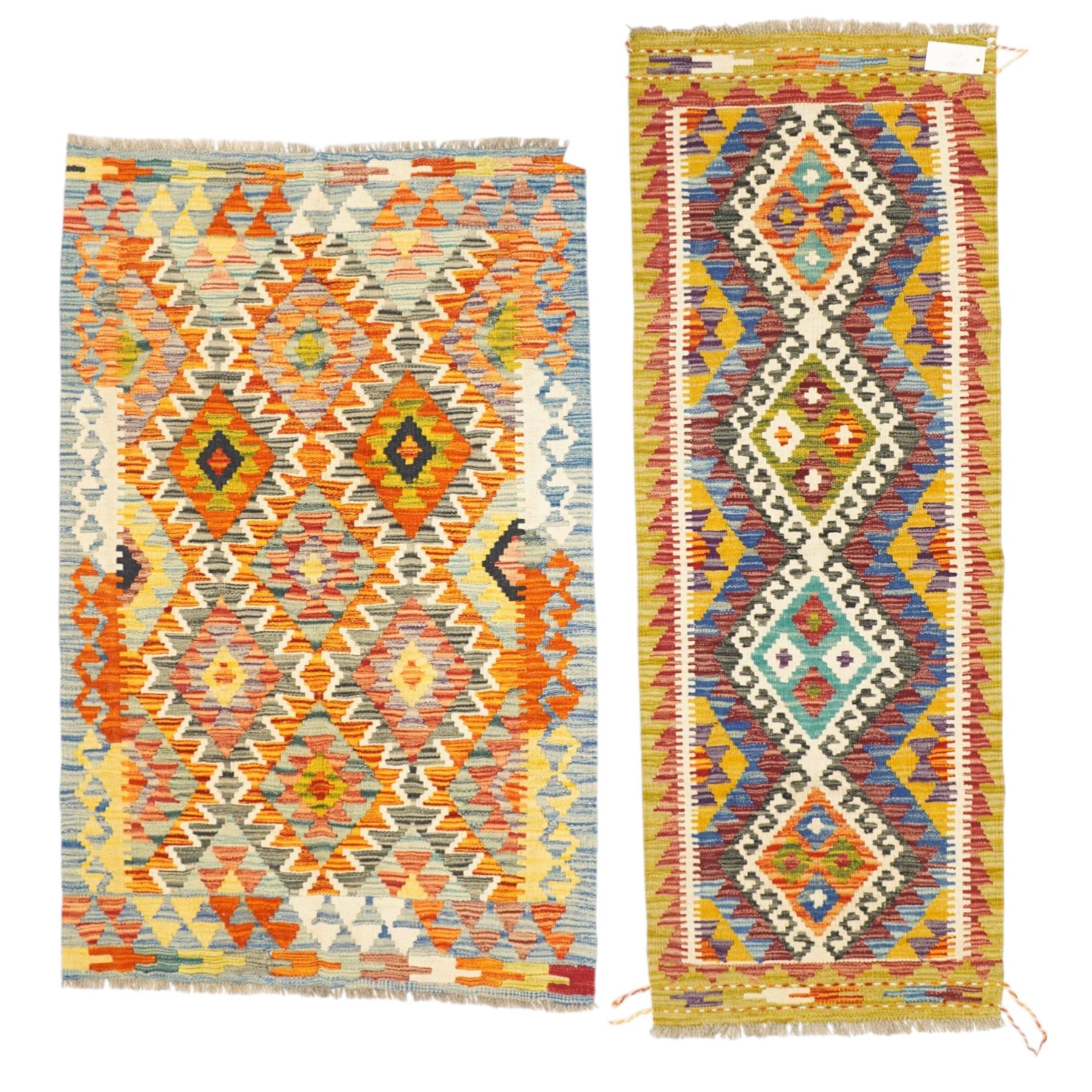 Afghan Chobi flatweave kilim and an Afghan Chobi flatweave kilim runner, with a repeating stepped diamond medallion design in ivory, green, rust, teal, purple, and indigo, framed by chevron and geometric borders, 148x53cm & 129x80cm, (2)