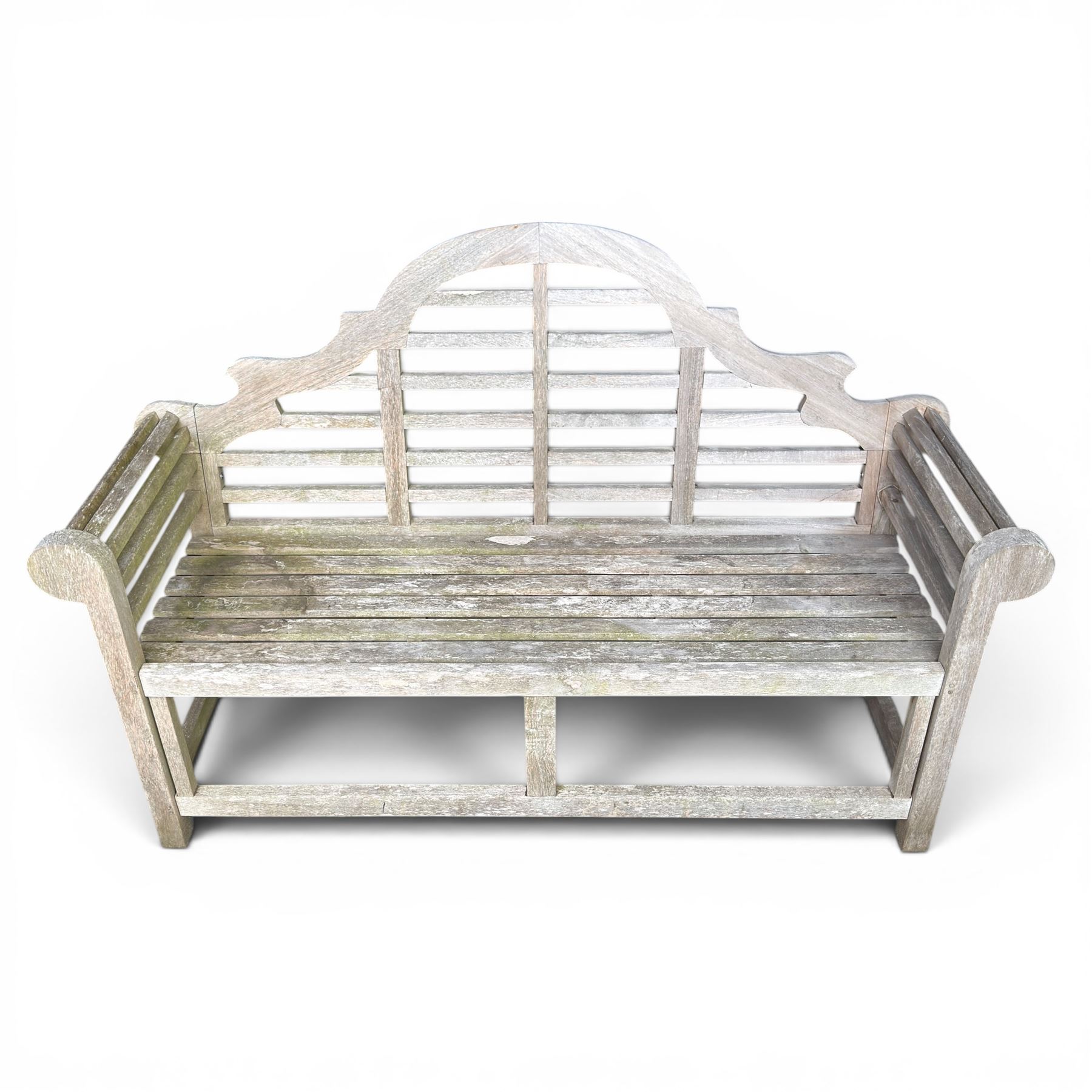 Lutyens design teak garden bench, shaped arched and slatted back over rolled arms and slatted seat, raised on square supports with box-stretcher