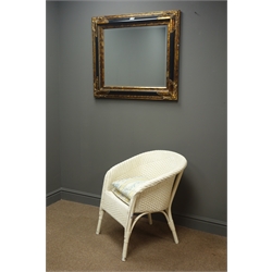  Mid 20th century white Lloyd Loom bedroom chair, wicker back and seat, four supports, and a black and gilt framed bevel edged mirror, (W80cm, H72cm)  