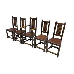 Set five (4+1) oak high back dining chairs, panelled slat back with fluted design, studded leather seats, raised on square chamfered supports united by stretchers