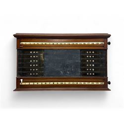 Early 20th century mahogany billiard scorer, with twin exposed revolving number rollers nu...