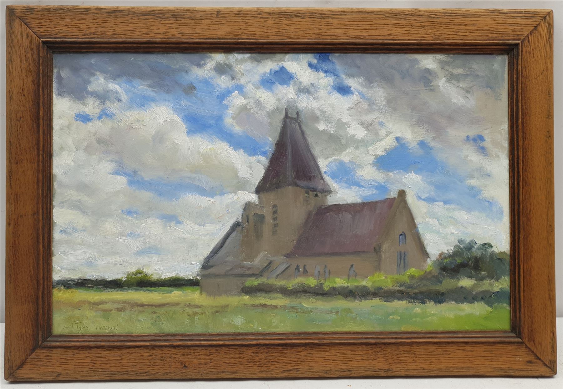 Neil Tyler (British 1945-): 'Hawsker Church', oil on board signed and titled, landscape sketch verso 29cm x 47cm