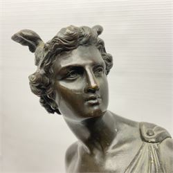 20th century bronze, modelled as Mercury with caduceus, winged talaria and winged petasus, one foot upon an architectural support, upon black marble breakfront plinth, overall H63cm