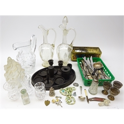  German plated fish moulded folding knife, silver topped atomizer, pair cut glass claret jugs, frosted glass flame shade, Art Deco ebony dressing table set on tray, silver overlay glass pepper pot, bone handled propelling pencil, costume jewellery and other silver-plate and glass ware   