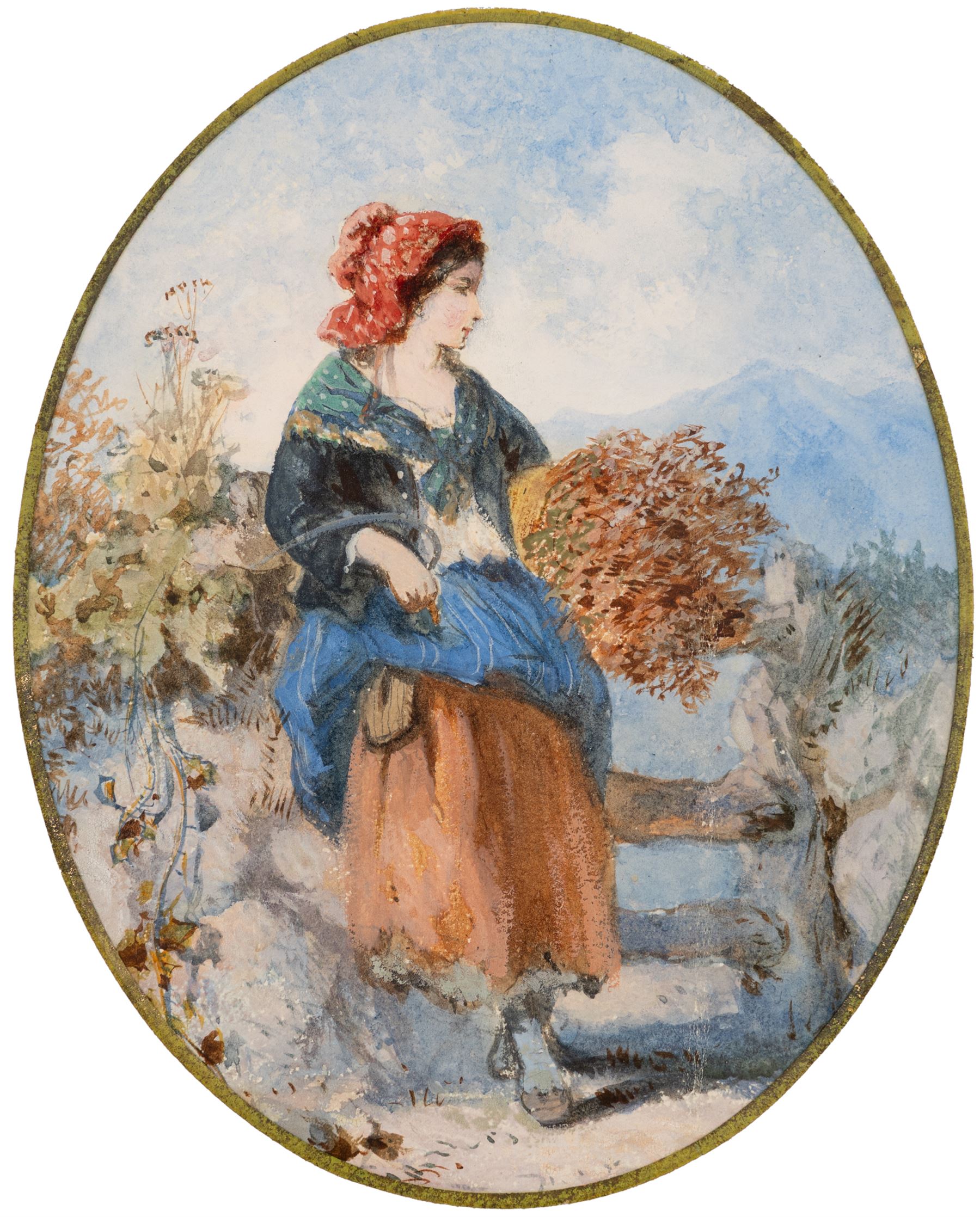 Manner of Henry Edrington Hobson (British 1820-1881): Woman Gathering Kindling, gouache unsigned; together with Dutch School (19th/20th century): Fishermen Conversing, mixed media signed B T max 19.5cm x 15.5cm (2)