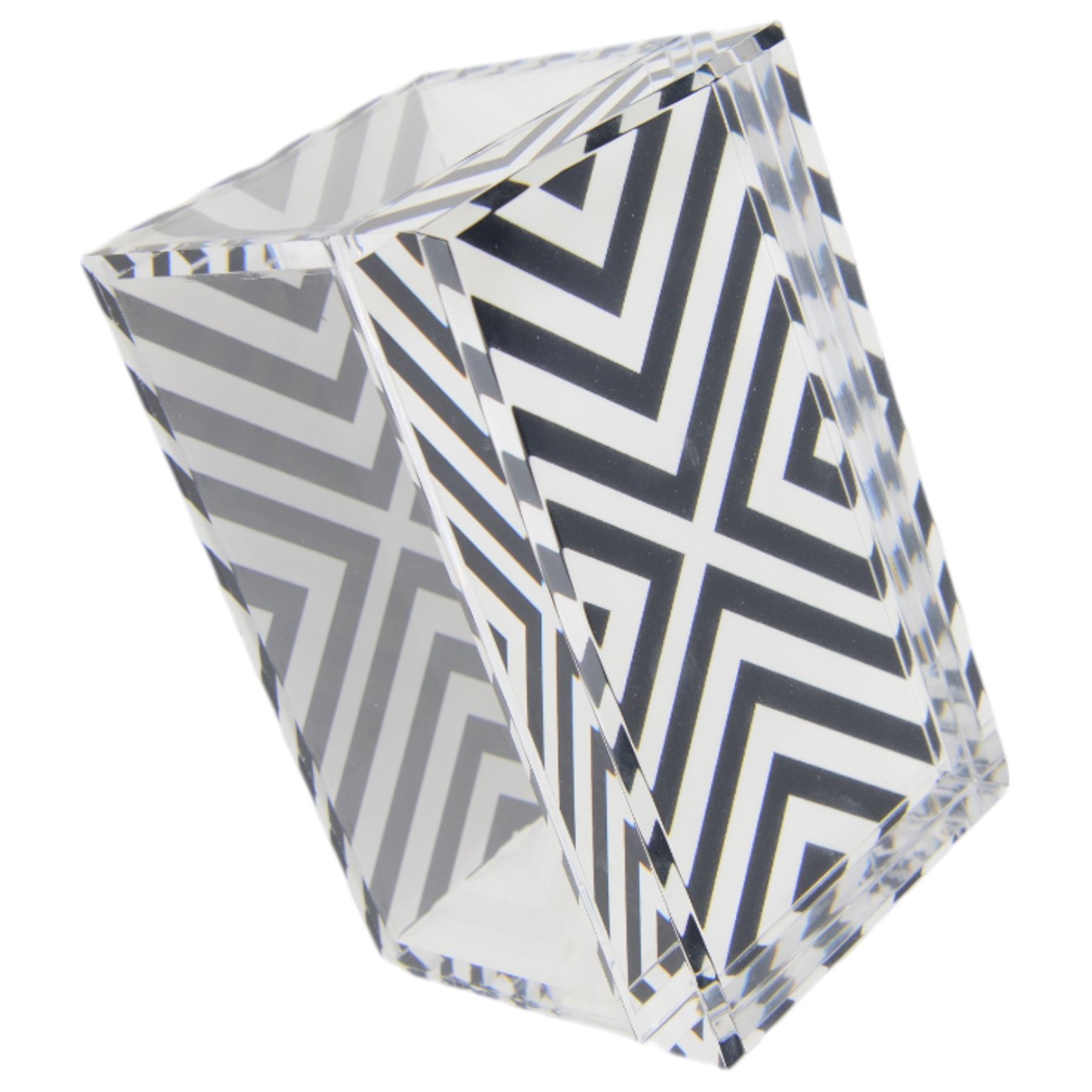 Four Jonathan Adler items, to include Op Art Lacquer box, in black and white geometric pattern, acrylic black Bel Air Scoop vase, Zebra Stacking dish and a white matte photograph frame, together with an Alexandra Von Frustenberg acrylic box with black and white geometric pattern