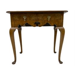 Queen Anne style figured walnut lowboy, moulded rectangular top with band,  over shaped apron fitted with two drawers, on cabriole supports