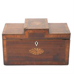 Sheraton design mahogany tea caddy with raised centre section, shell inlay and satinwood c...