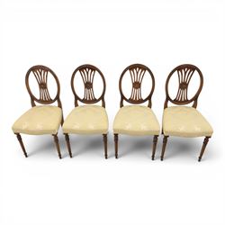 Bevan Funnell Reprodux - Regency design set of ten mahogany dining chairs, oval backs with central splat with rose motif, serpentine seat upholstered in damask fabric, raised on turned supports
