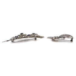  Silver and marcasite articulated bracelet maker's mark A Ld London 1958, two silver brooches (3)  