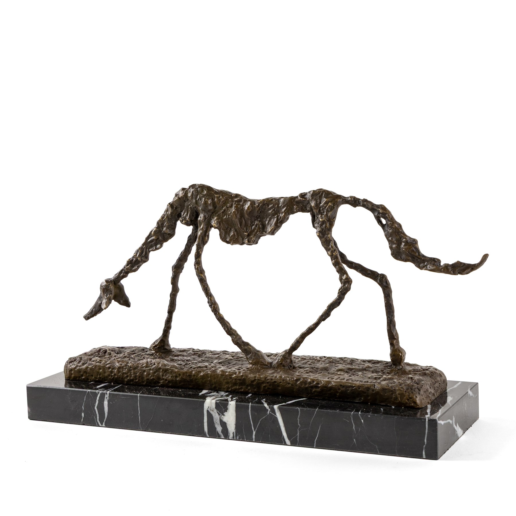 After Giacometti, bronze figure The Dog, on rectangular marble base, H22cm, L42cm