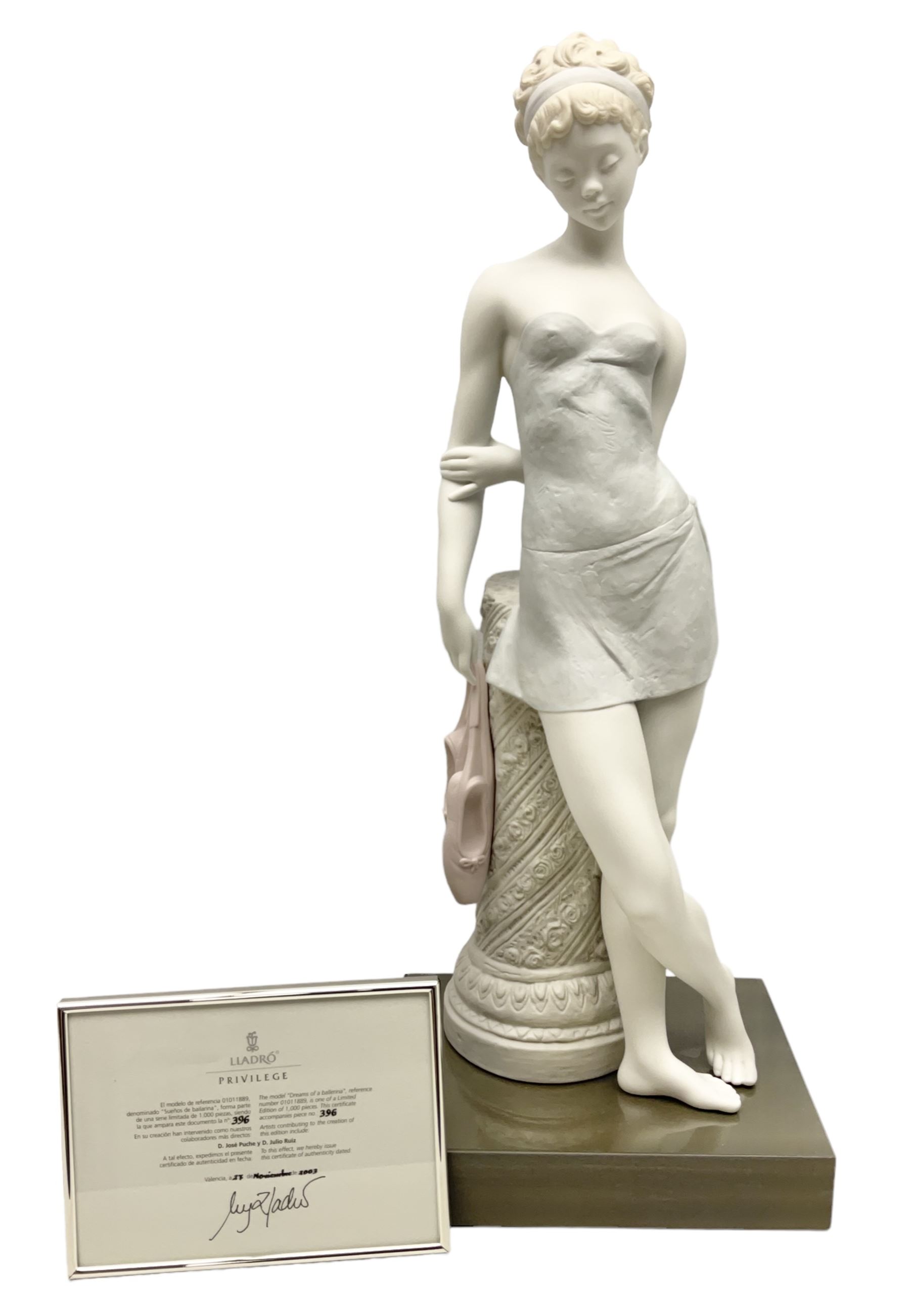 Lladro Privilege figure, Dreams of a Ballerina, modelled as a ballerina leaning against a pillar holding her ballet shoes, limited edition 396/1000, sculpted by Jose Puche, no 1889, with original box, year issued 2003, yea retired 2004, H52cm 