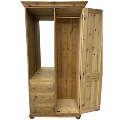Traditional pine combination wardrobe, recessed cupboard with mirror back, fitted with single cupboard and three drawers