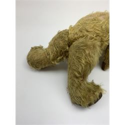 Early 20th century English teddy bear, WW1 period, with wood wool filled mohair body, fixed head with one boot button eye and vertically stitched nose and mouth and jointed limbs with cloth paw pads H16